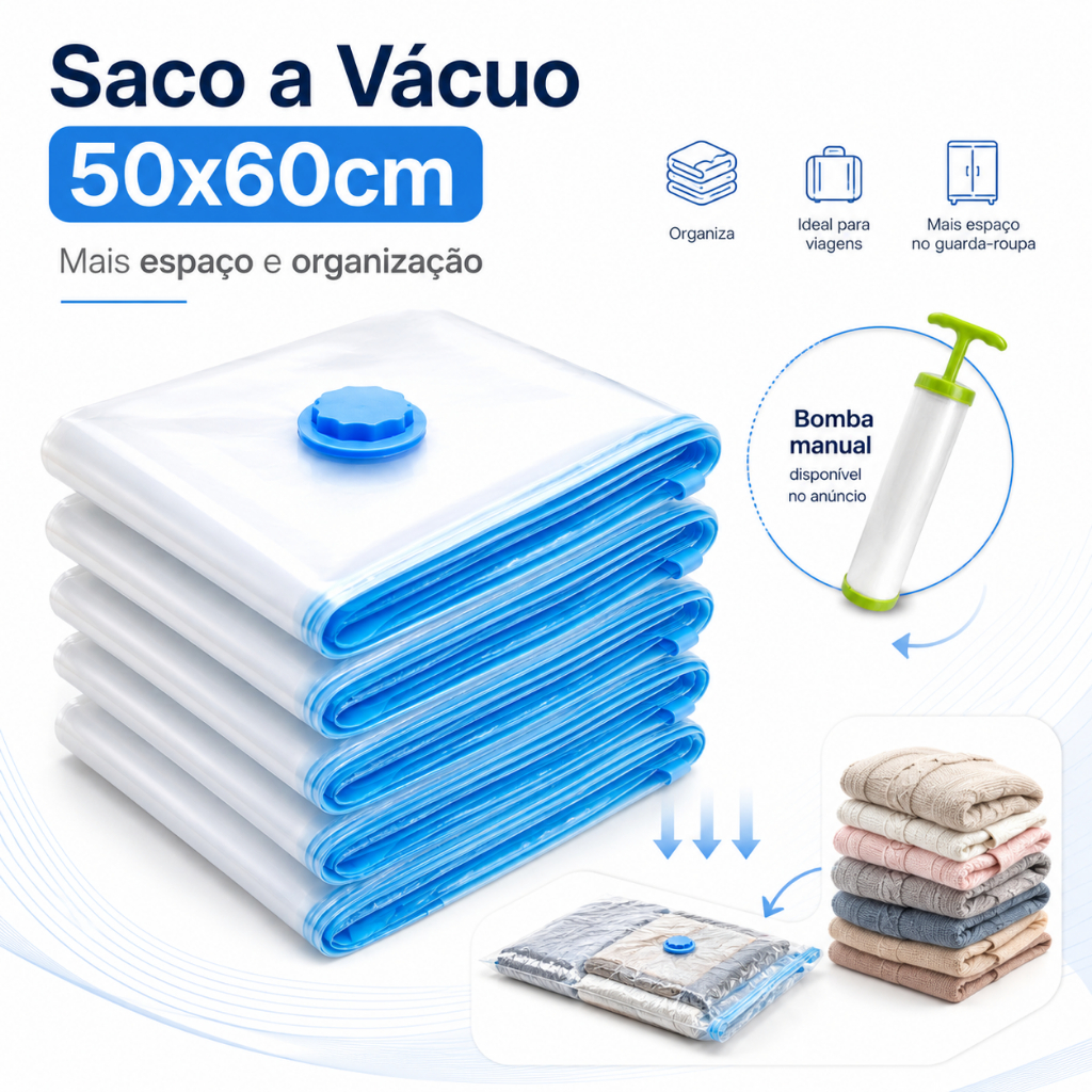 Kit Sacos a Vácuo para Roupas Edredons com Bomba Manual Reutilizável Organizador de Armário