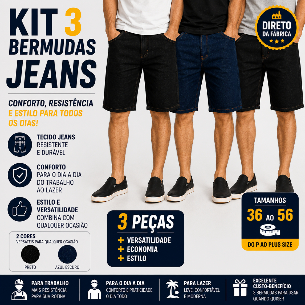Kit 3 Bermudas Jeans Masculinas Plus Size Elastano Confortável do 36 ao 56