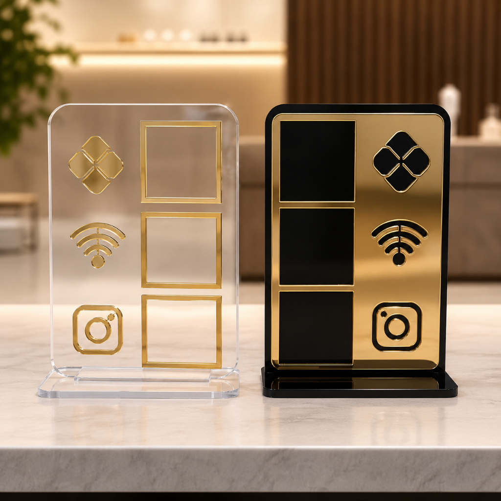 Placa Pix Display de Mesa Balcão WiFi e Instagram em Acrílico QRCode Loja Recepção Comércio