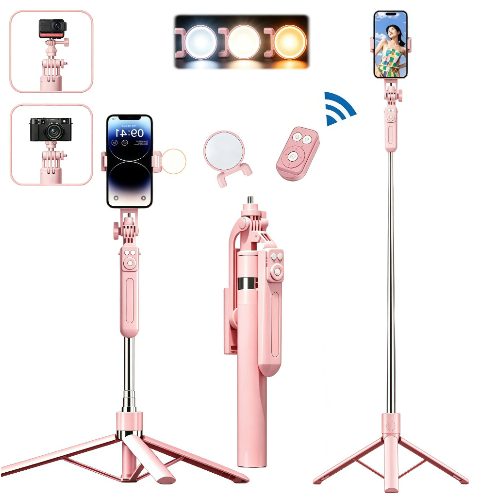 Bastão selfie 1.7m com luz LED - Suporte giratório 360°, remoto Bluetooth, dobrável para viagem