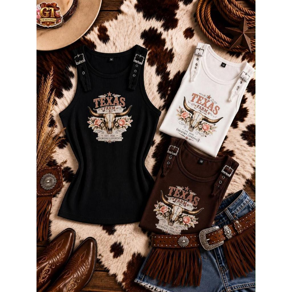 Regata Country Feminina Texas Farm Com Fivelas Alça Ajustável Premium Estilo Boiadeira