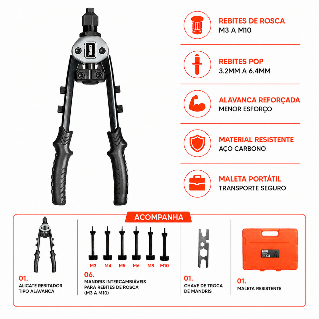 Alicate Rebitador Manual alavanca 2 em 1 para Rebites de Rosca e Rebites Pop + M