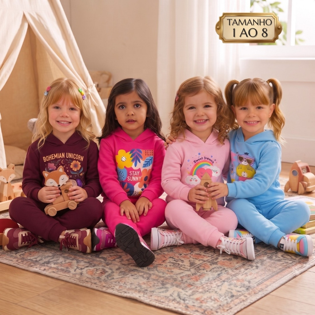 Kit 4 Conjunto Inverno Menina Moletom Roupa Infantil em Algodão Camiseta Manga e Calça Flanelada com Punho 1 a 8 anos