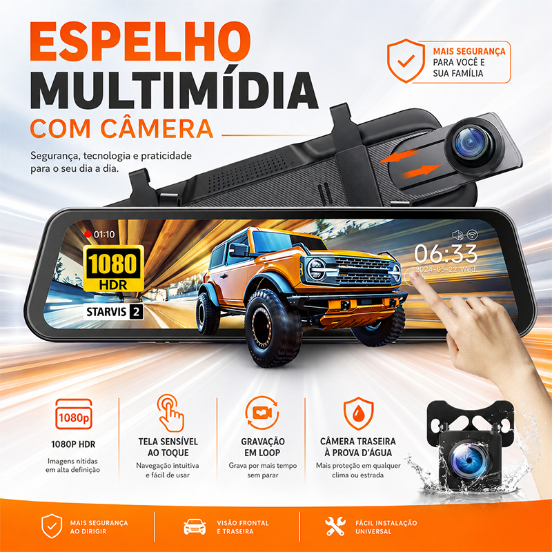 Câmera Veicular DVR 10” Retrovisor Dash Cam para Frente e Trás Ré/Frontal 1080p Infravermelho