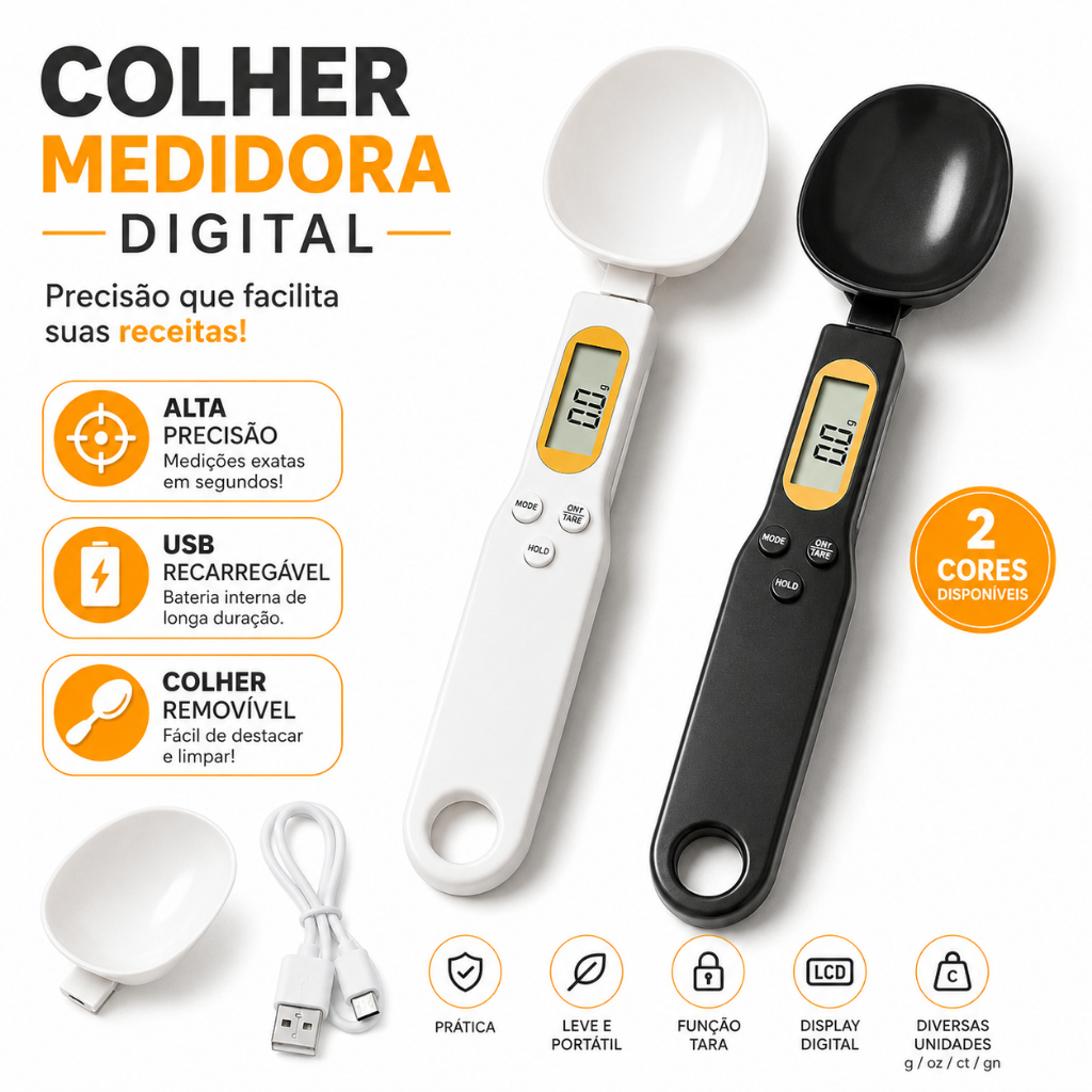 Colher Medidora Digital Balança Cozinha Alta Precisão USB Recarregável LCD Para Receita Whey