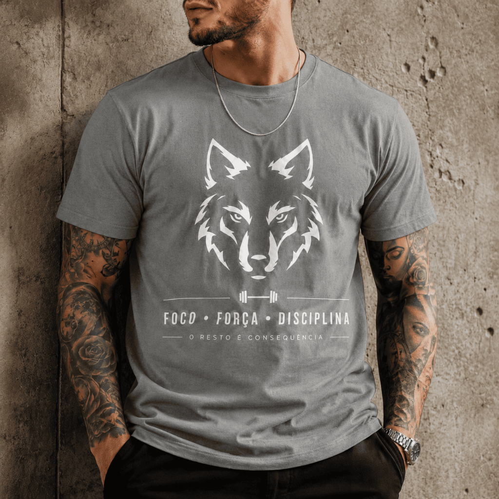 Camiseta Masculina Lobo Foco Força Disciplina 100% Algodão Academia Premium