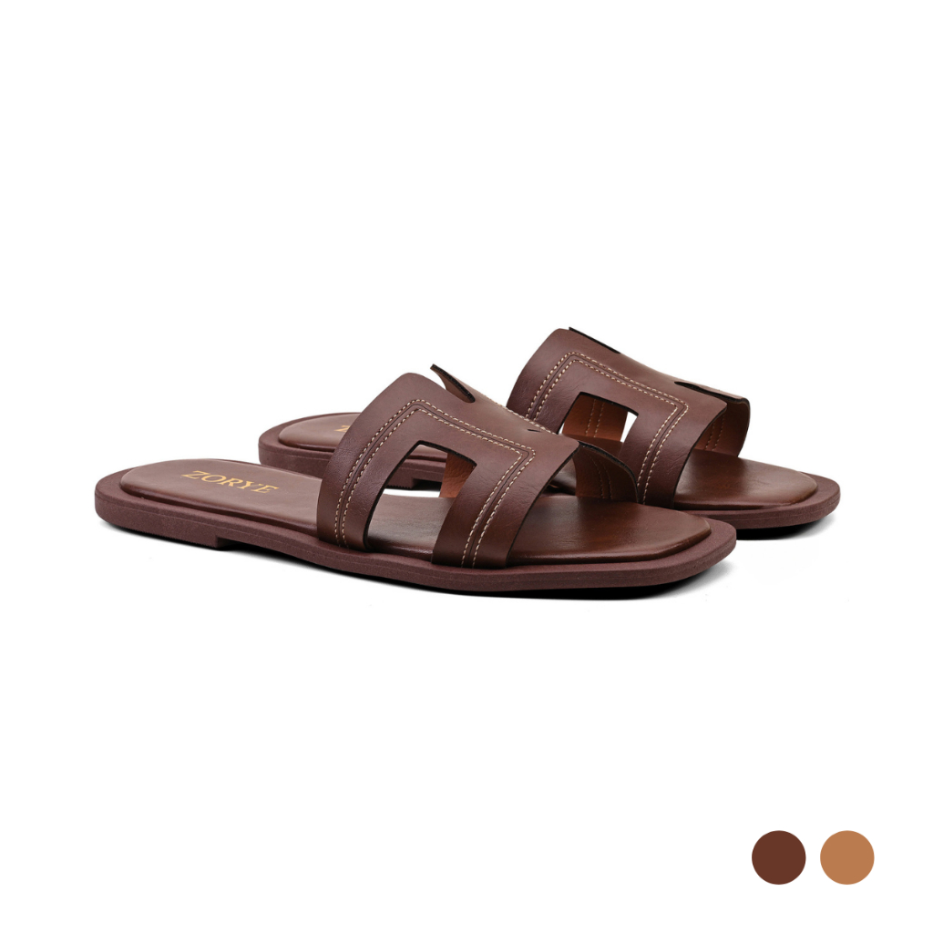 Sandália Flat Rasteirinha Feminina Zorye Helia Couro Marrom Confortável Casual