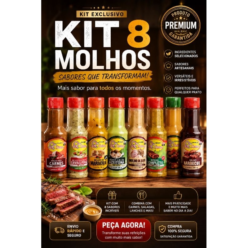Kit  8 Molhos Cremosos 180ml para Churrasco Carnes e Saladas Premium