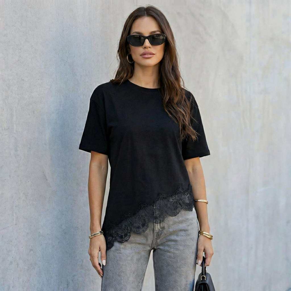 Blusa Feminina Assimétrica Com Renda Na Barra Em RIBANA CANELADA Básica Trabalho Elegante Tendência