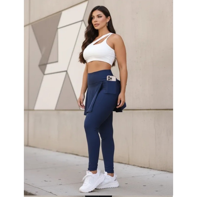 Legging com Saia Evangélica Rodada Feminina Bolso Fitness