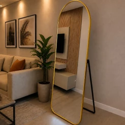 Espelho Madri Corpo Inteiro Oval Base Reta com Moldura de aluminio e suporte de chão para Quarto Loja 170x70 Grande