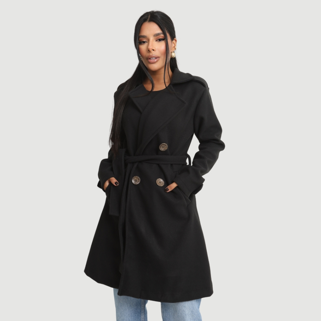 Sobretudo Feminino Longo Com Cinto Casaco De Frio Grosso Lã Batida Inverno Elegante Com Bolsos