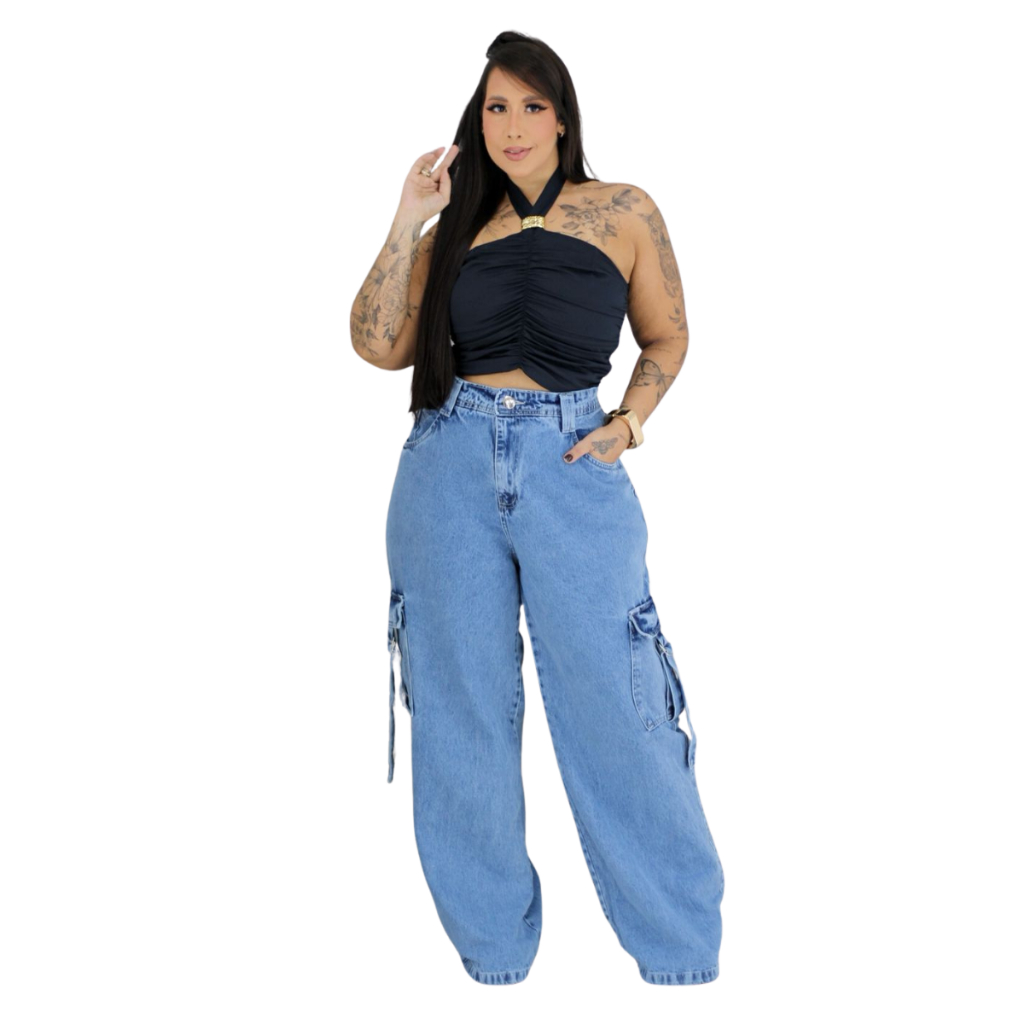 Wide Leg Cargo Jeans Pantalona Plus Size Feminina Cintura Alta Premium
