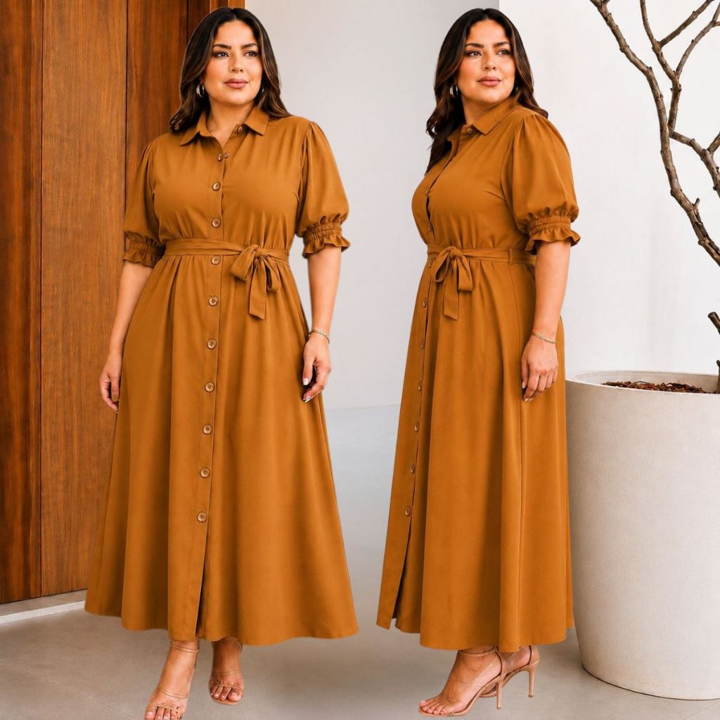 Vestido Chemise Plus Size Midi Botões Funcionais Faixa Tecido Dunas Premium Elegante Moda Evangélica