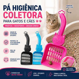 Pá Coletora Higiênica para Gatos e Cães Peneira para Areia Sanitária Resistente 3 Cores Disponíveis