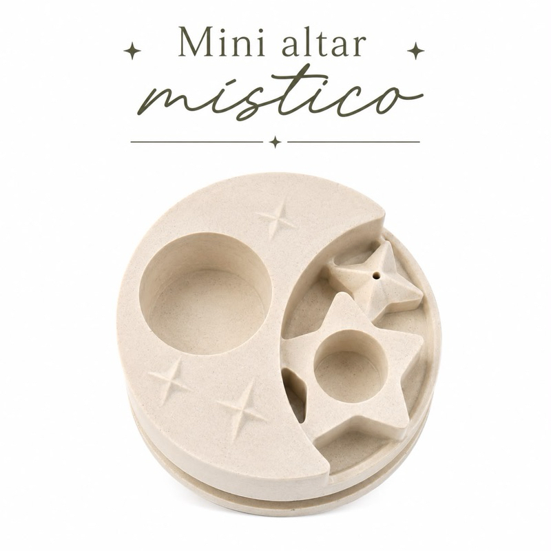 Altar Místico 3 em 1 🧙🏼🔮✨ — Porta vela, porta incenso, porta cristais em gesso cru para colorir.