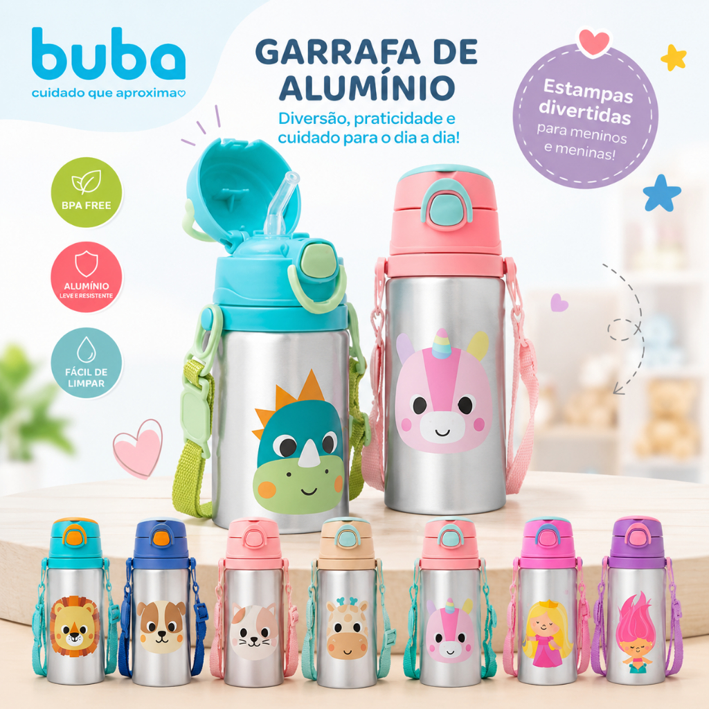 Garrafinha de Água Buba Infantil de Alumínio Animais com Canudo