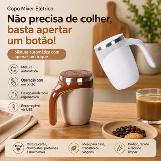 Caneca Misturadora Automática Elétrica USB Recarregável 380ml para Café, Leite, Chocolate e Bebidas