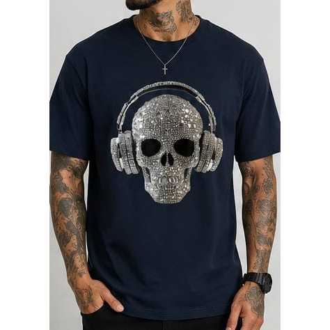 Camisetas Unissex Estampada Caveira com Fone 100% Algodão Gola Redonda Casual Confortável e Qualidade Envio Rapido