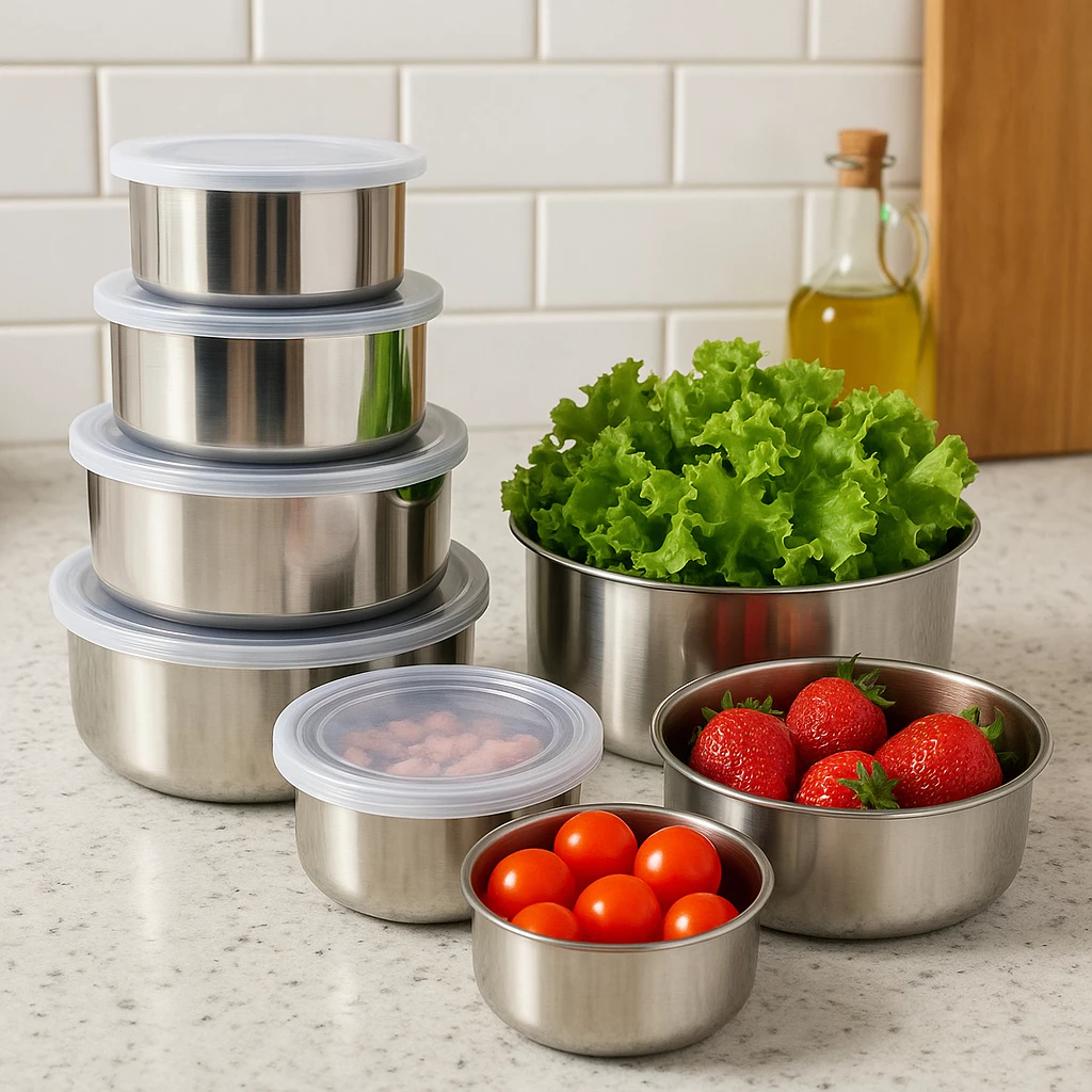 Conjunto 5 Potes Redondos Com Tampa Inox Recipiente Vasilha Guarda Conserva Alimento Comida Salada