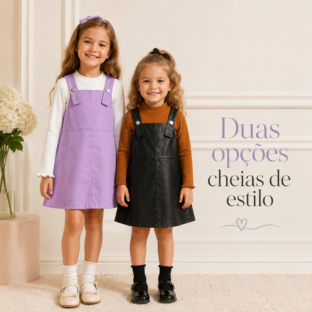 Conjunto Infantil Feminino Vestido Jardineira com Blusa Manga Longa Inverno