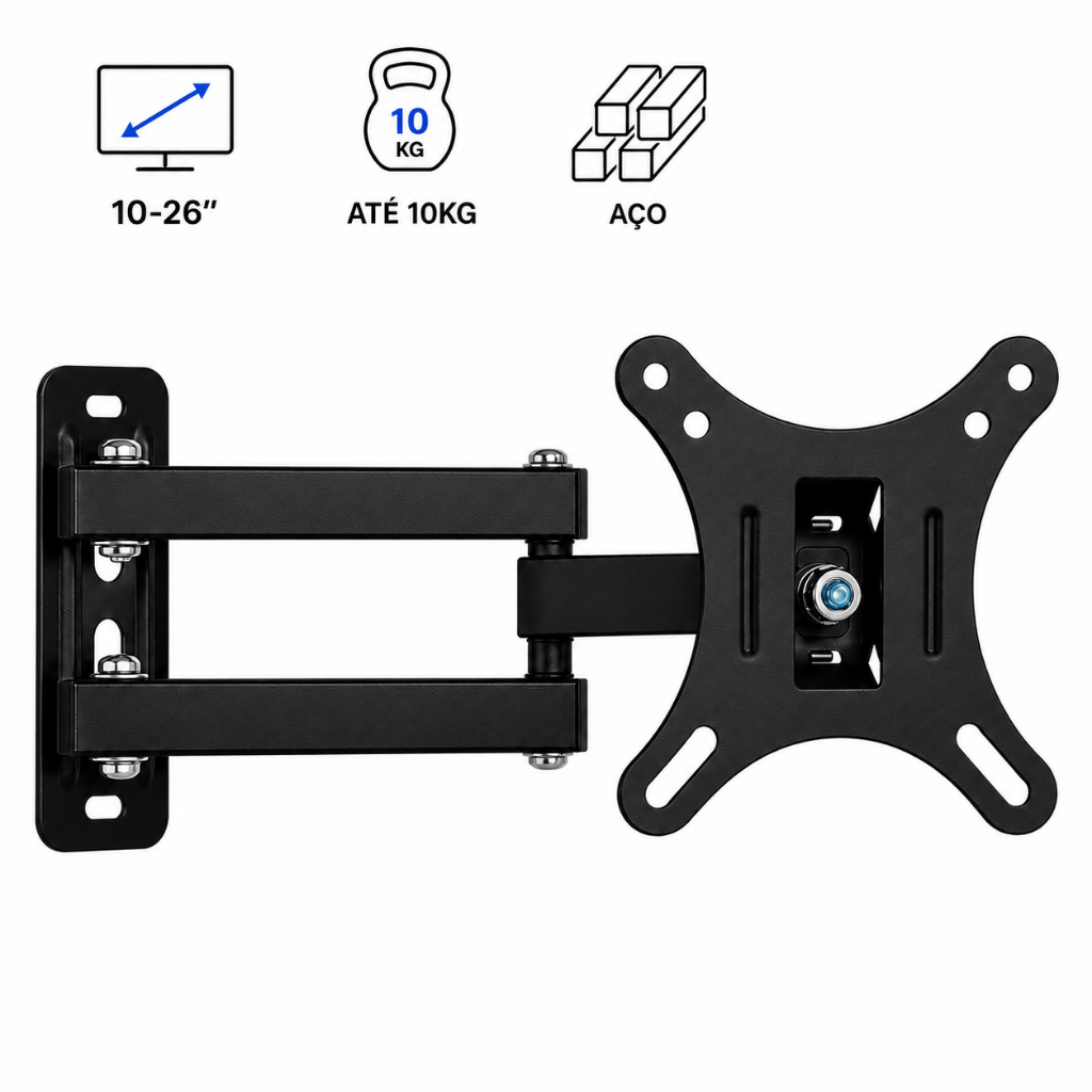 Suporte TV Articulado Monitor Giratório Metálico LED LCD 10-26 Polegadas Reforçado e Ajustável
