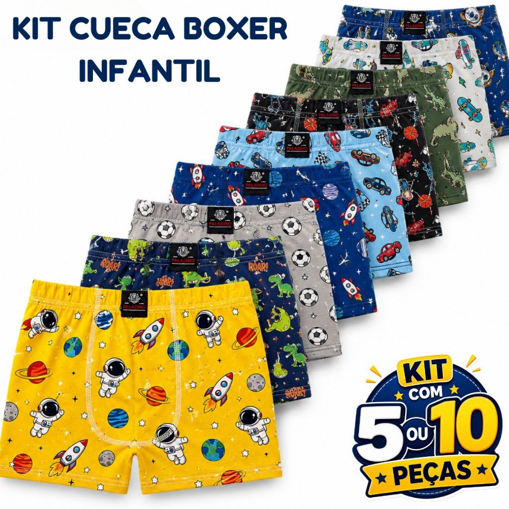 Kit Cueca Boxer Infantil Box Menino Confortável Estampadas Sortidas Masculina 5-10