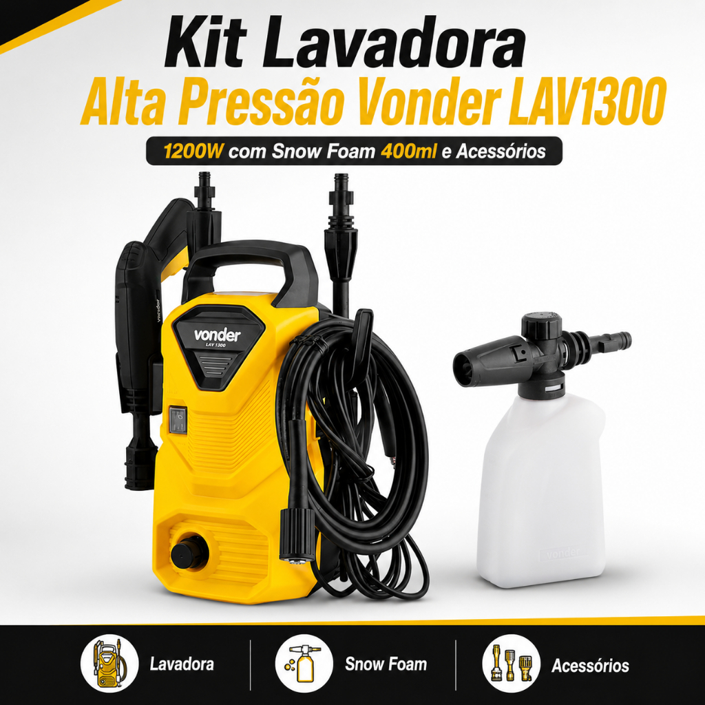 Kit Lavadora de Alta Pressão LAV1300 1200W com Snow Foam 400ml e Acessórios Vond