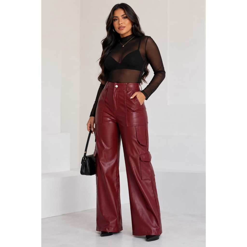 Calça Feminina Estilosa Couro Fake com Bolso e Zíper Cintura Alta Casual Elegante Confortável