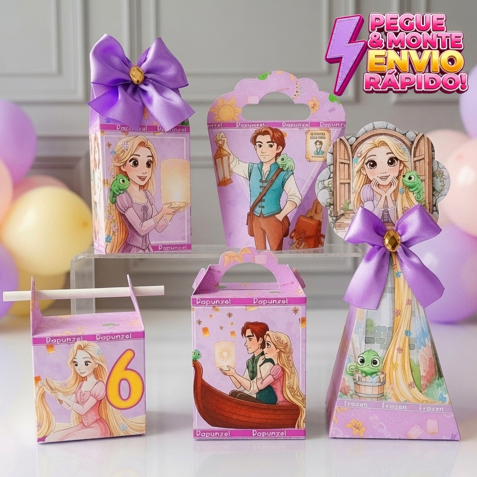 Kit Caixas Rapunzel PEGUE E MONTE – Lembrancinha Festa Infantil - Aniversário - Kit Festa