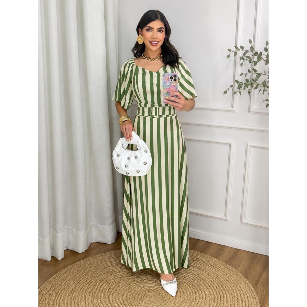Vestido Longo Feminino Listrado em Viscolinho com Cinto Elegante e Confortável