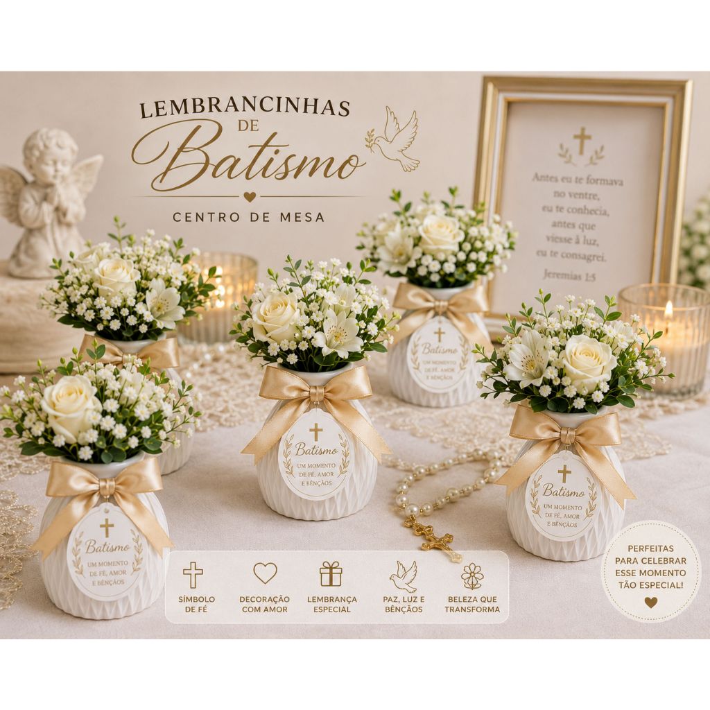 Kit De Vasos Centro de Mesa para Batismo com Arranjo Floral Lembrancinha Elegante e Delicada para Celebrações Presentes