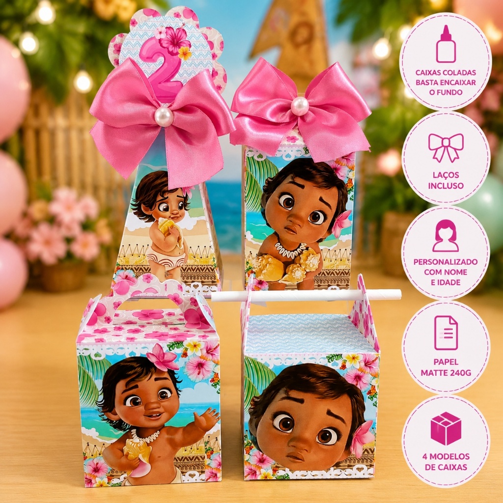 Kit Caixas Personalizadas Moana Baby + Brinde Forminhas para Docinhos | Festa Infantil Aniversário Menina | Lembrancinha