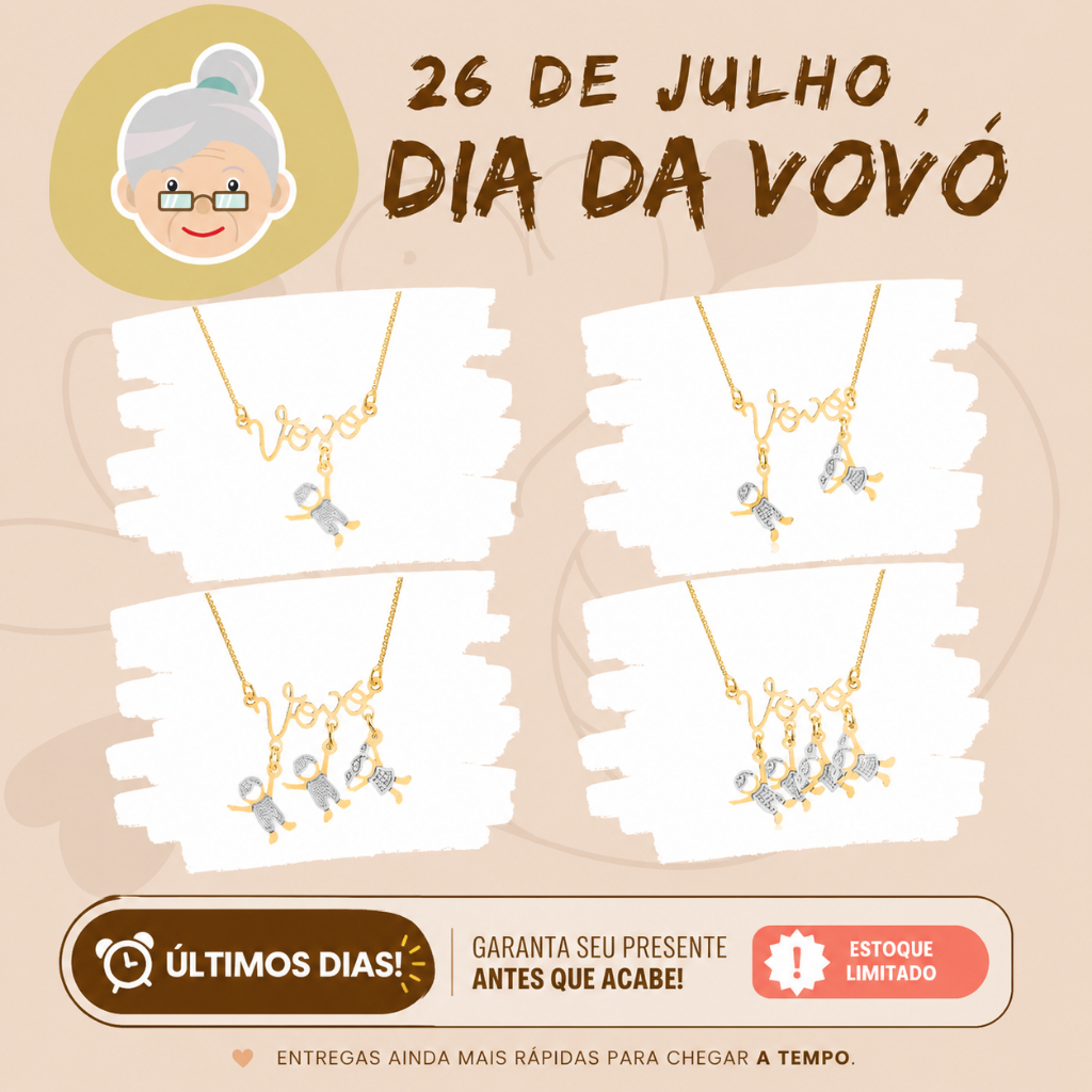 Colar Feminino Vovó Com Pingentes de Neto Neta Netos Filho Filha Banhado Ouro Presente Lembrança Gargantilha Cordão