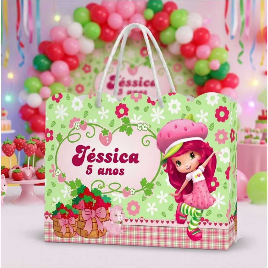 Sacolinha Ondulada Moranguinho Personalizada com Nome e Idade Bolsa de Papel (20x15x5) Lembrancinha Kit Festa Infantil