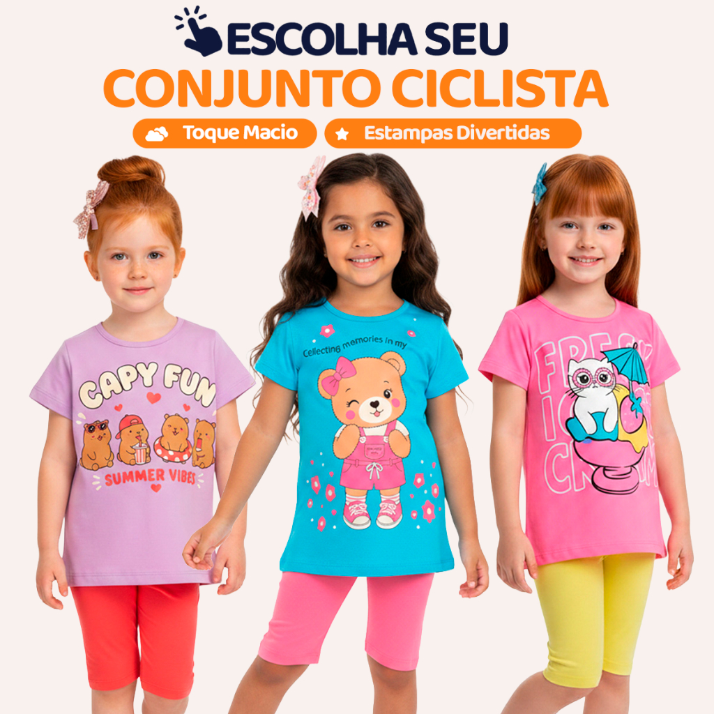 Conjunto Ciclista Infantil Menina Blusa e Shorts Feminino Verão Roupas Criança Algodão Casual Estampado Dia a Dia L14