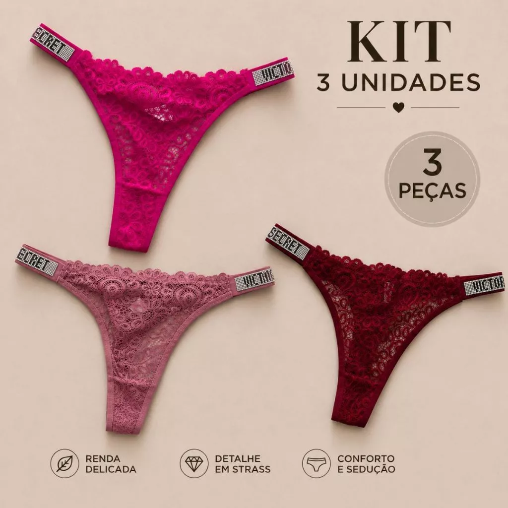 Kit 3 Calcinhas Fio dental de Renda Poliamida Estilo Luxo Sexy — imagem 1