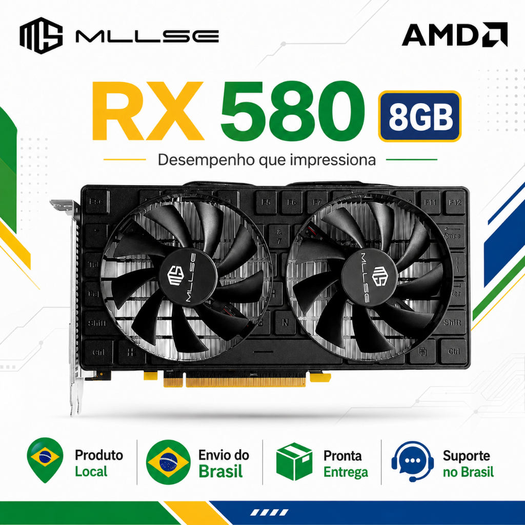 Placa de Vídeo RX 580 8GB GDDR5 256 Bits 2048SP MLLSE Dual Fan PCIe 3.0 Gamer Nova na caixa com Nota Fiscal