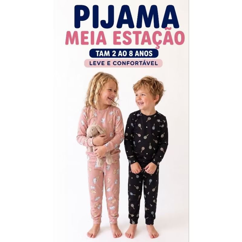 Pijama Infantil Meia Estação  Menino Menina Tamanho 2 ao 8 anos Leve e confortável  para noites mais fresquinhas