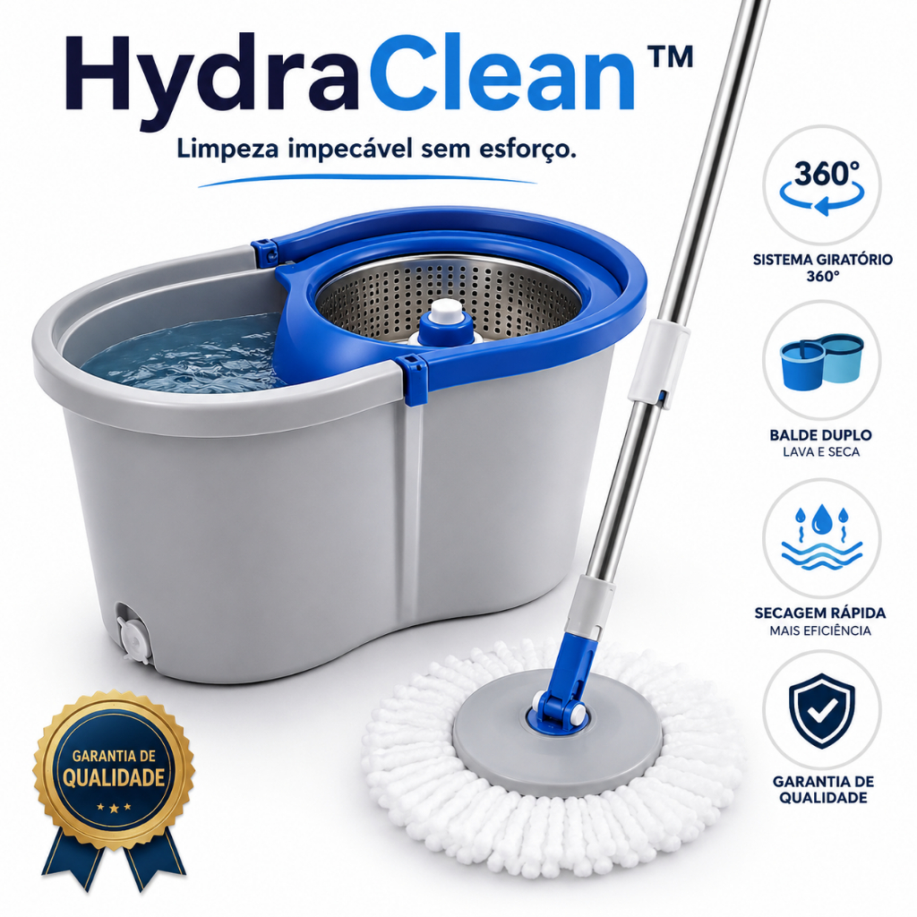 HydraClean™ Mop Giratório 360° Balde Duplo Limpeza Fácil Secagem Rápida Cabo Ajustável