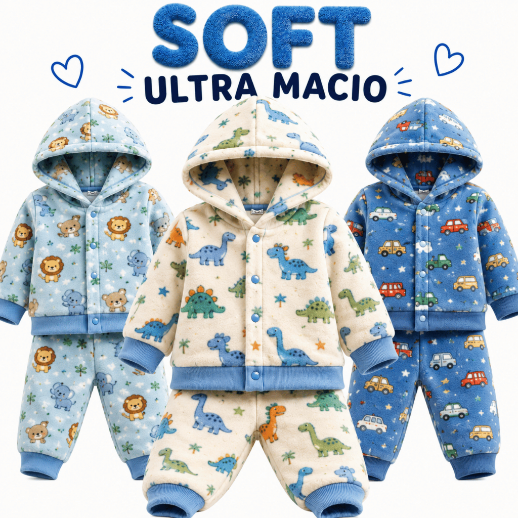 Kit 2 Conjuntos Soft Menino Com Capuz Quentinho Inverno Peluciado 1 2 3 Roupa Bebe Menino Inverno