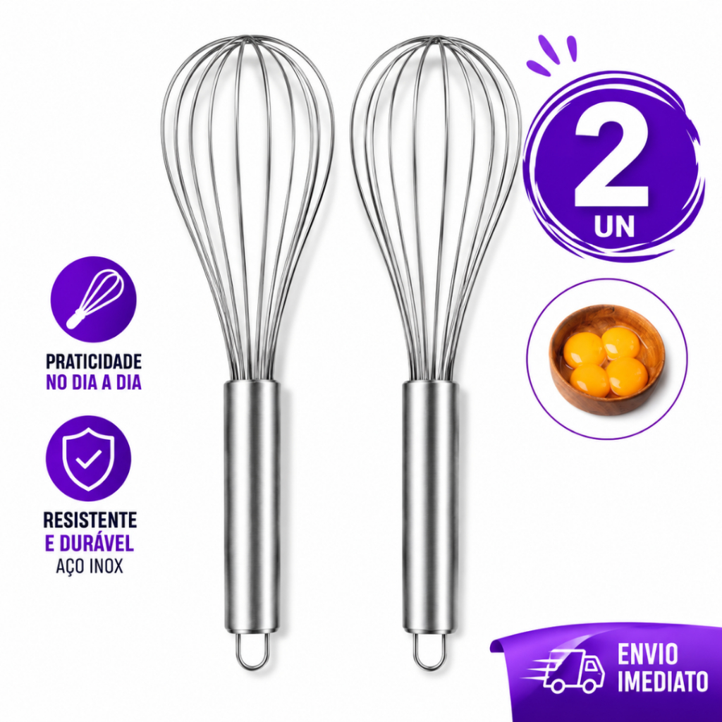 Kit 2 Batedor de Ovos e Massas Fouet Inox Mixer Manual Profissional
