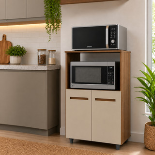 Balcão Multiuso Taís Organizador Cozinha Micro-ondas 2 Portas Savana Off White - Moblyar