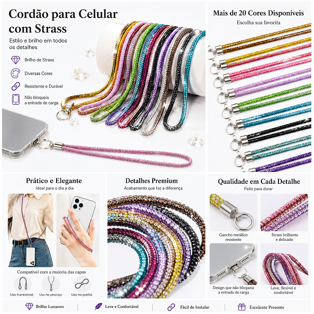 Salva Celular Cordão Proteção 1,2M para Celular com Brilho Resistente Contra Roubo