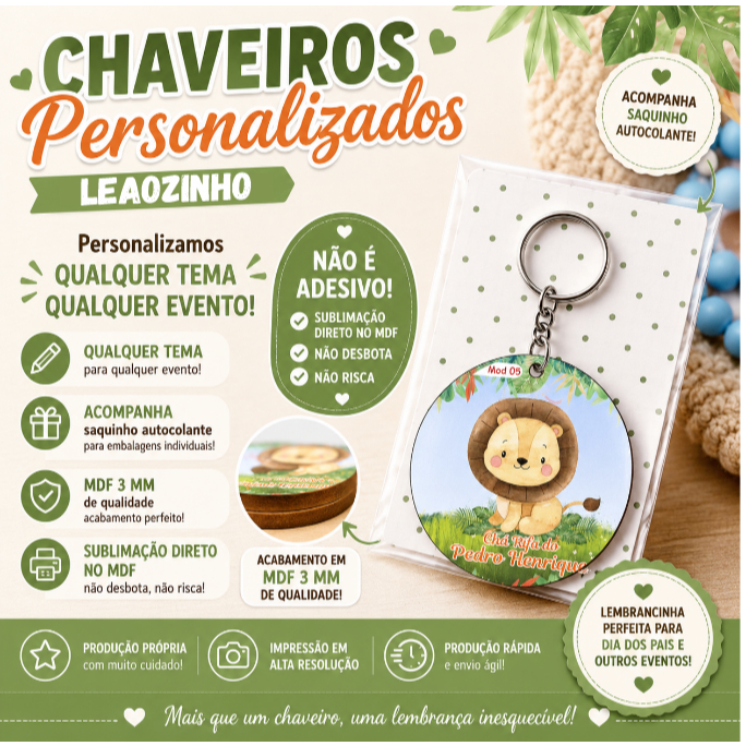 Kit Lembrancinha Chaveiro mdf Personalizado Leãozinho maternidade aniversário