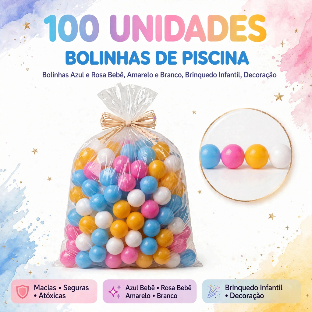 100 Bolinhas de Piscina Azul Bebê Rosa Bebê Amarelo Branco 71mm Atóxicas
