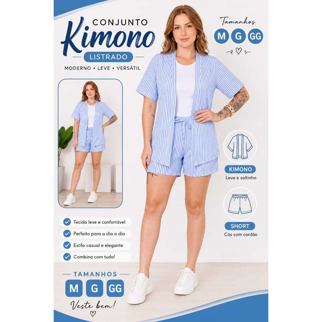 Conjunto Kimono Feminino Elegante Casual + Short com Elástico na Cintura Confortável en Tecido Duna Listrada