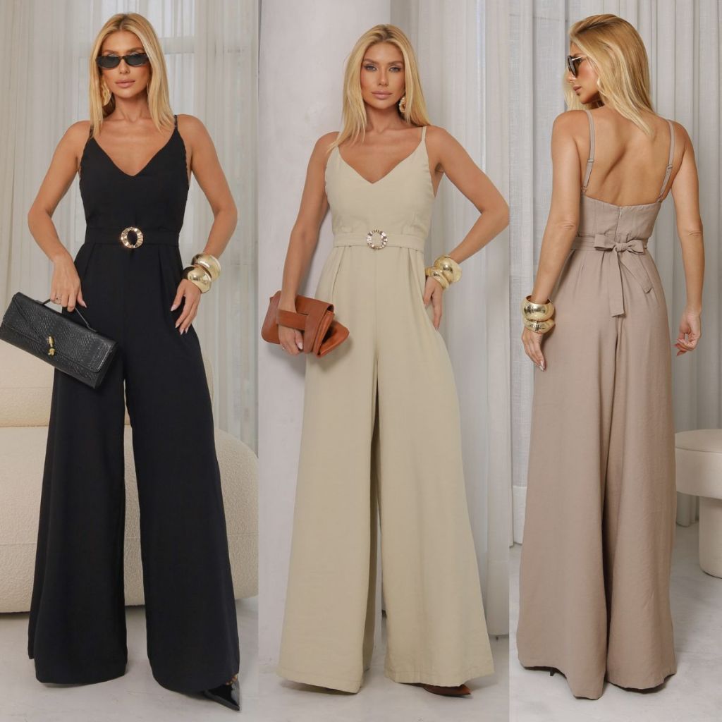 Macacão Feminino Longo Pantalona Alfaiataria Elegante com Bojo Alças reguláveis e Cinto com fivela