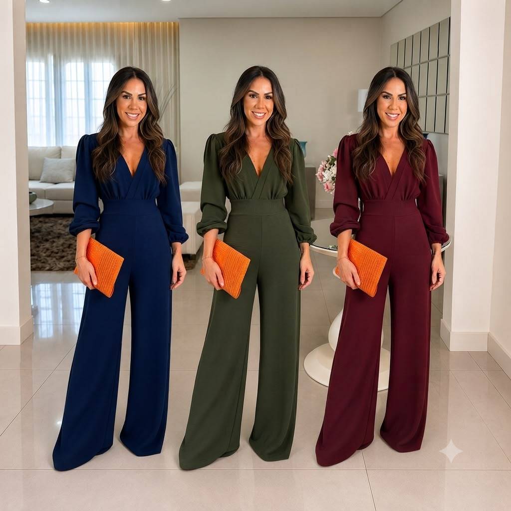 MACACÃO FLEER Feminino Pantalona Manga Longa Decote Transpassado Elegante