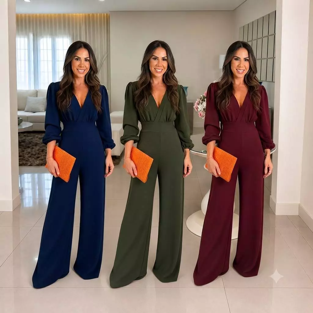 MACACÃO FLEER Feminino Pantalona Manga Longa Decote Transpassado Elegante — imagem 1